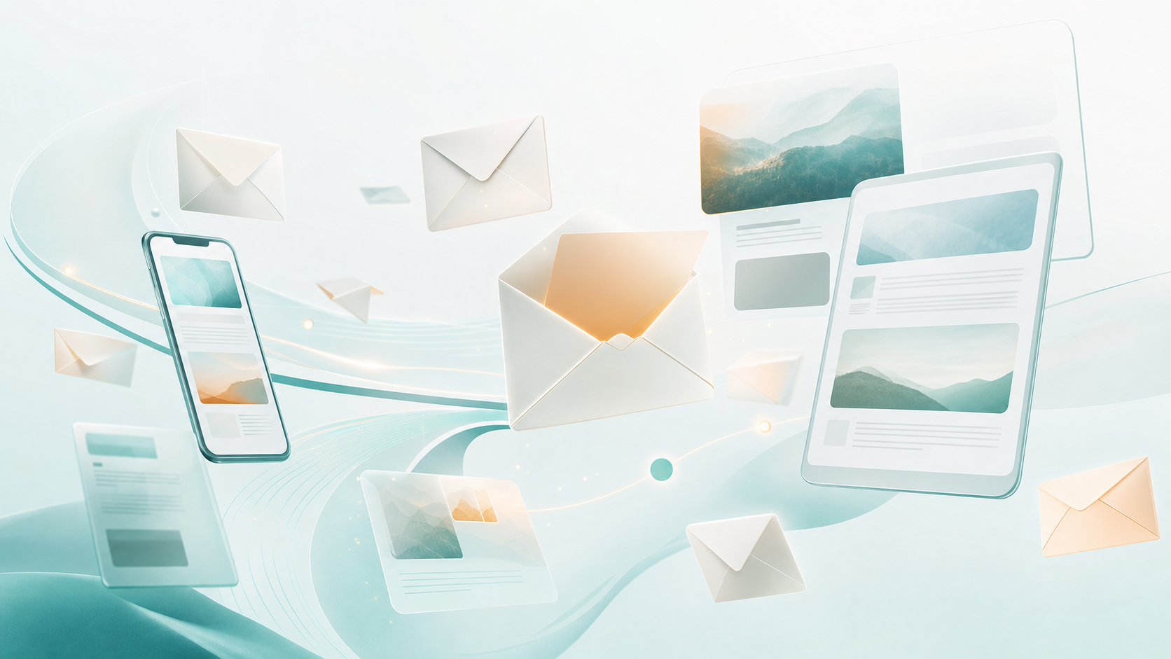 Newsletter – schwebende Briefumschläge und Geräte